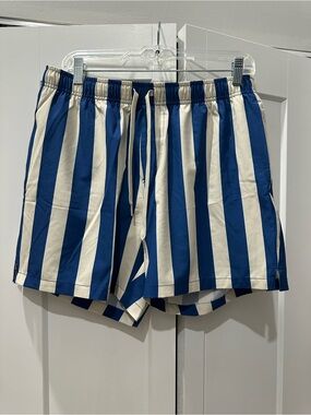 BearBottom Blue and Beige Vertical Stripe Swim Shorts